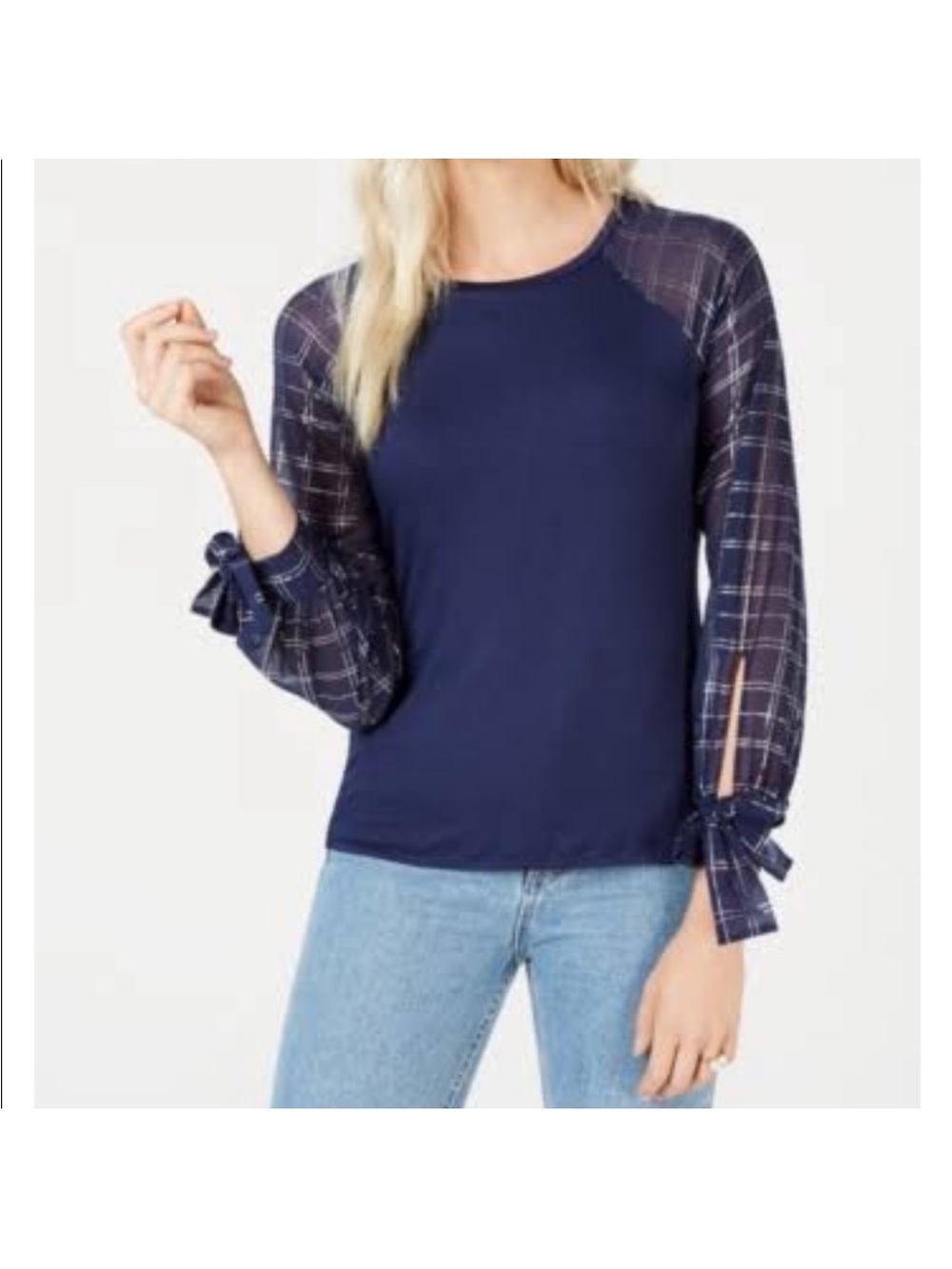 Maison Jules Women’s Navy Plaid Sleeve Tie-Cuff Top